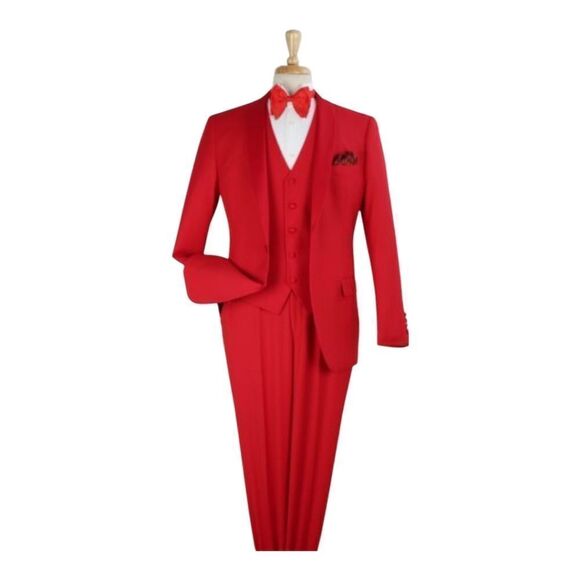 MEN'S ROYAL DIAMOND 3 PIECE SOLID RED 1 BUTTON VESTED SHAWL TUXEDO. TU-4. - Picture 2 of 2